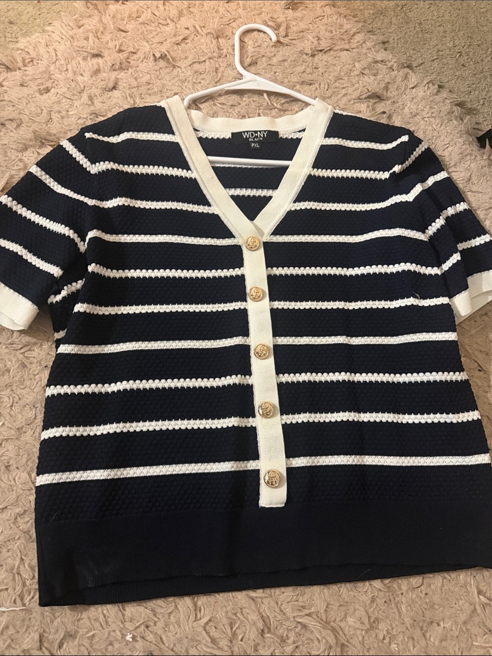 Navy and White Striped Short-Sleeve Button Sweater